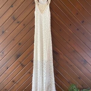 Monteau White Floral Maxi Dress with Cream Lace Detail Beachy Bridal Racerback